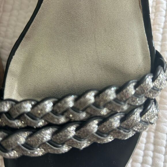 Unisa Women's Black & Sparkly Silver Braided Cork Wedge Strappy Sandals Size 8 - Picture 4 of 12